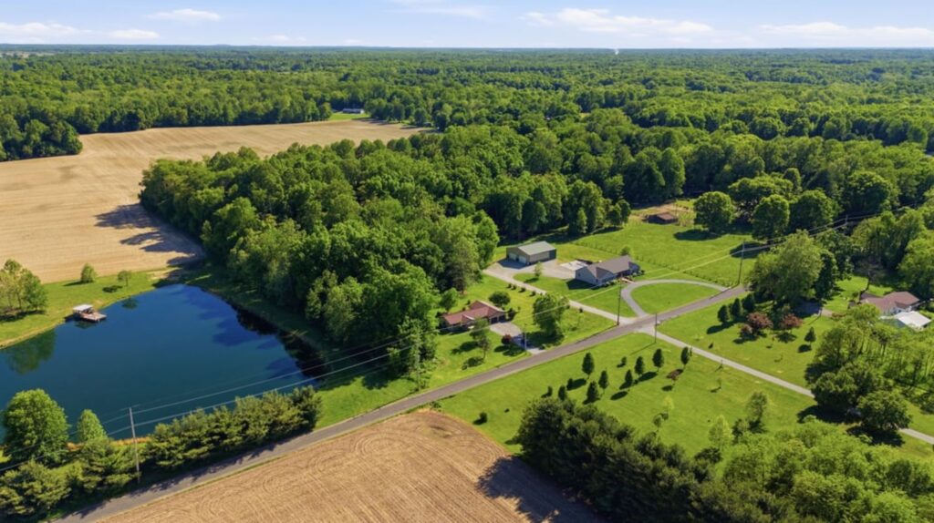 Aerial view of a rural farmhouse with pond and fields bordered by forest
