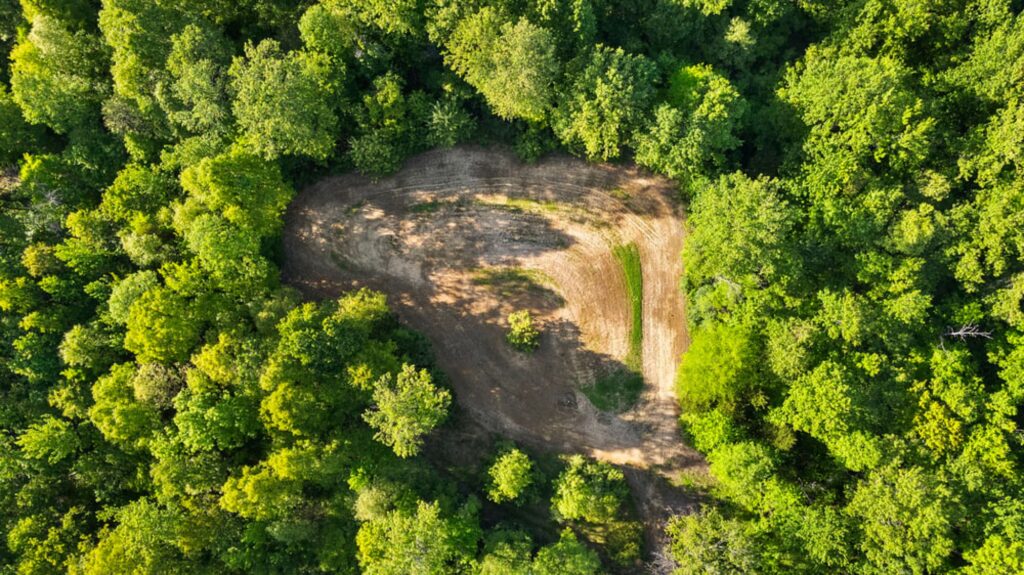 Aerial view of a cleared lot surrounded by dense green forest